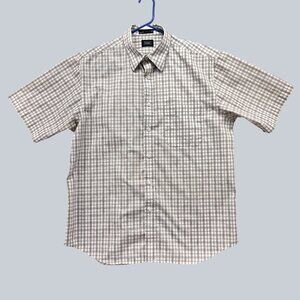 Haggar Mens Beige & Brown Plaid Short-Sleeve Button-Down Shirt L
